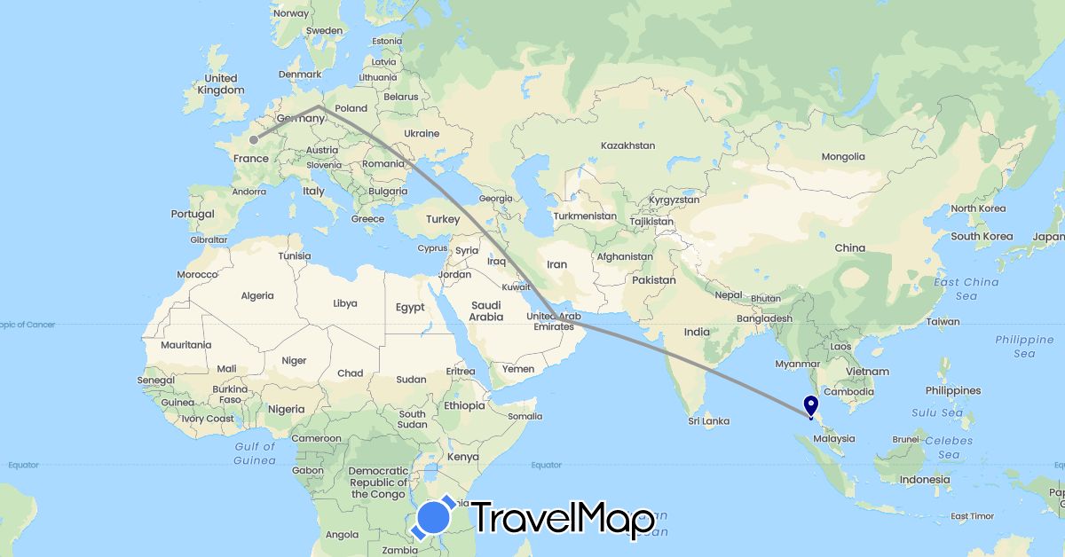 TravelMap itinerary: driving, plane in United Arab Emirates, Germany, France, Thailand (Asia, Europe)